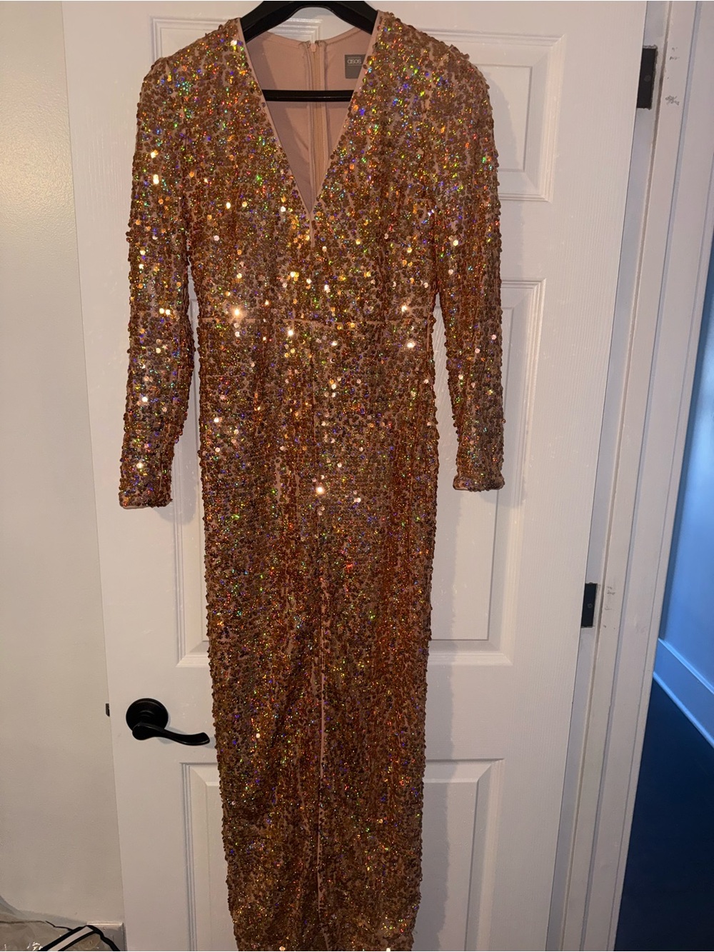 ASOS Gold Sequin V-Neck Long Sleeve Maxi Dress